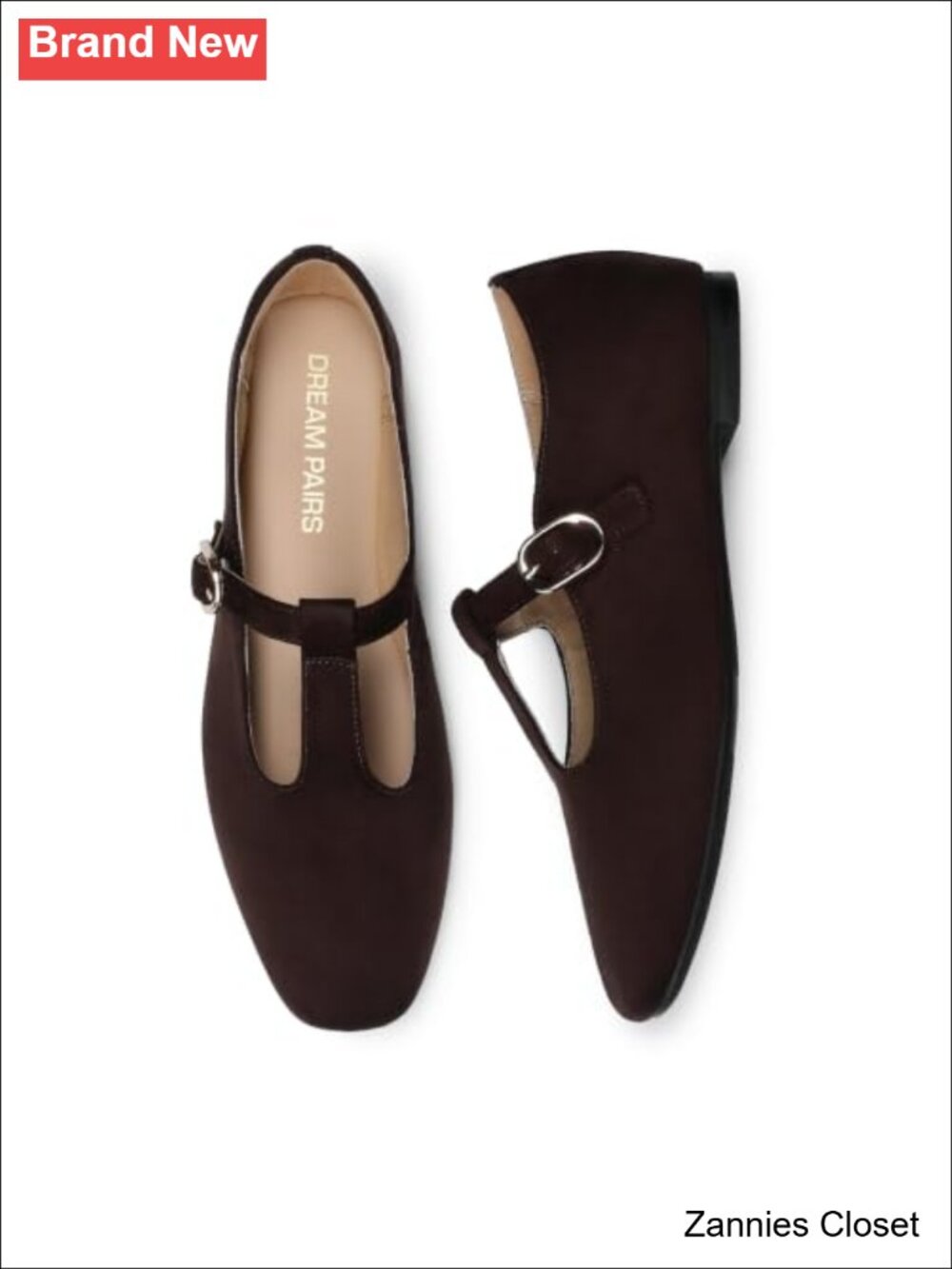 ✨ DREAM PAIRS Women's T-Strap Mary Jane Flats Faux Suede Square Toe
